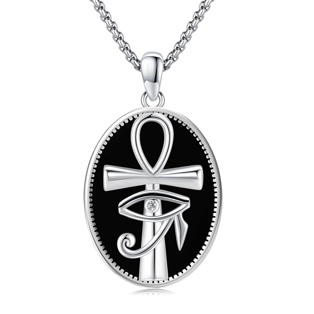Eye of Horus Necklace 925 Sterling Silver Ankh Pendant Black